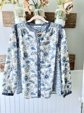 Blue Floral Button-Front Peasant Blouse